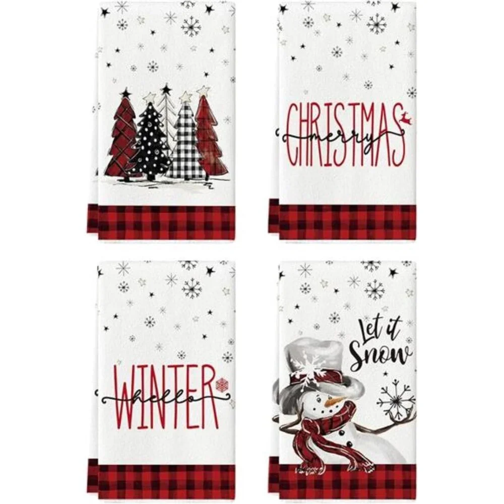 Red Black Plaid Snowman Xmas Trees Christmas Kitchen Towels